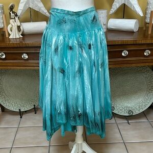 Luna Luz Women’s Artsy Teal Blue Pull On Asymmetrical Kerchief Hem Cotton Skirt